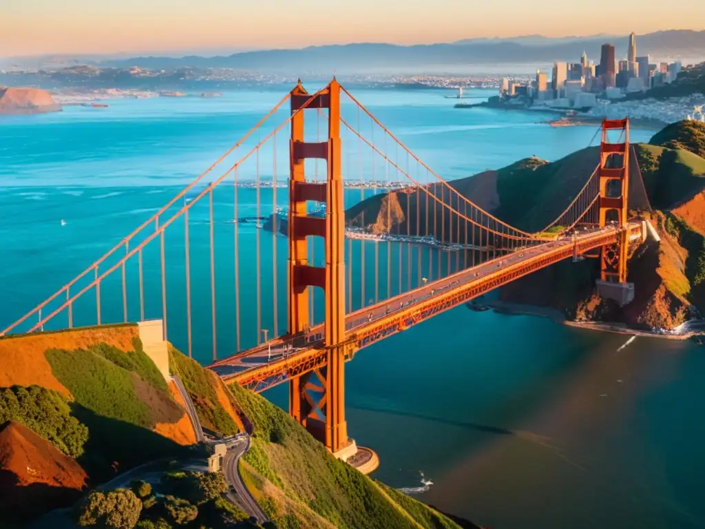 Vista aérea del icónico puente Golden Gate al atardecer, destacando su estructura en la técnica avanzada de fotografía de puentes icónicos