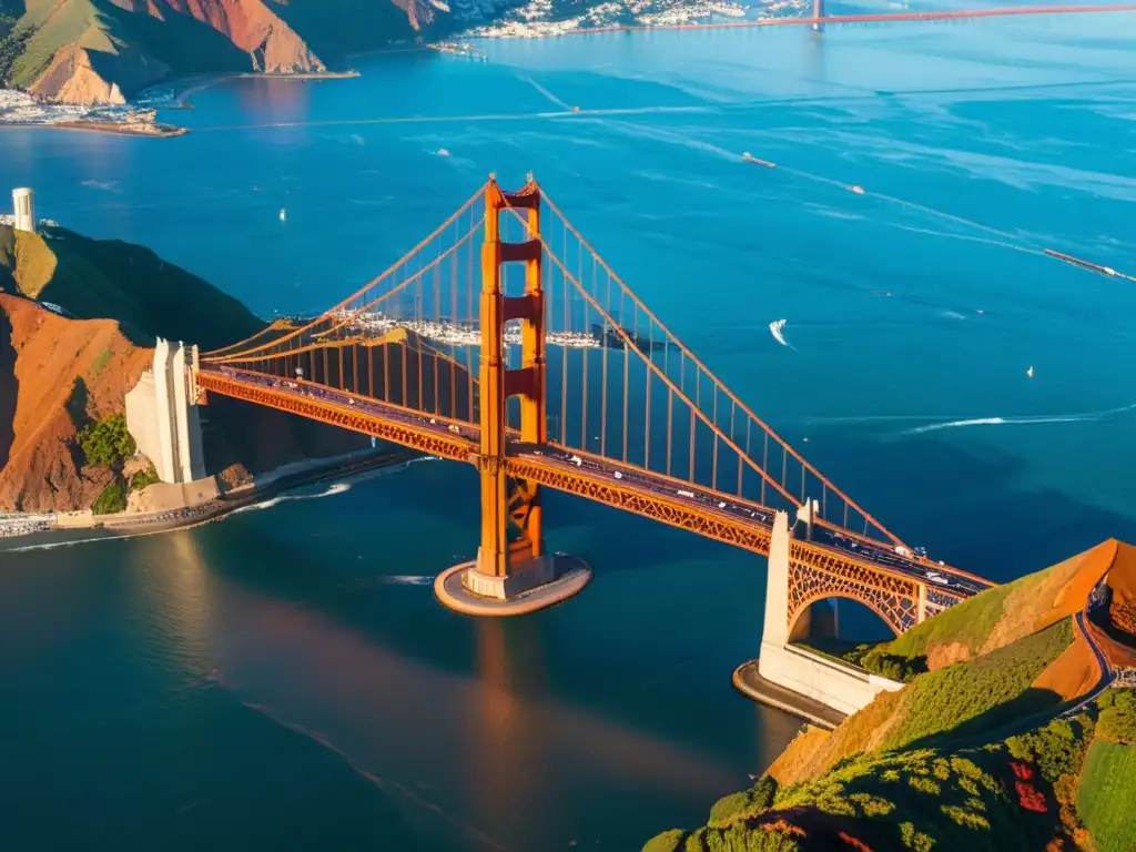 Vista aérea del icónico puente Golden Gate al atardecer, resaltando su diseño y colores emblemáticos