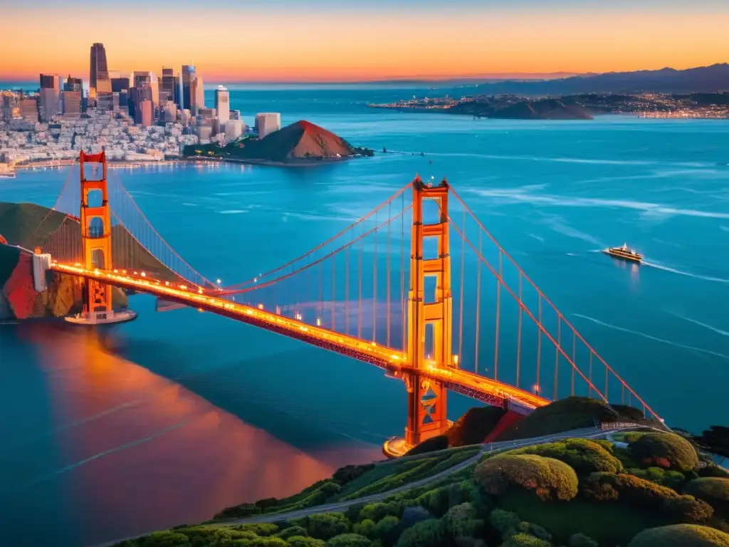 Vista aérea del icónico Puente Golden Gate al atardecer, resaltando su arquitectura y el paisaje de San Francisco