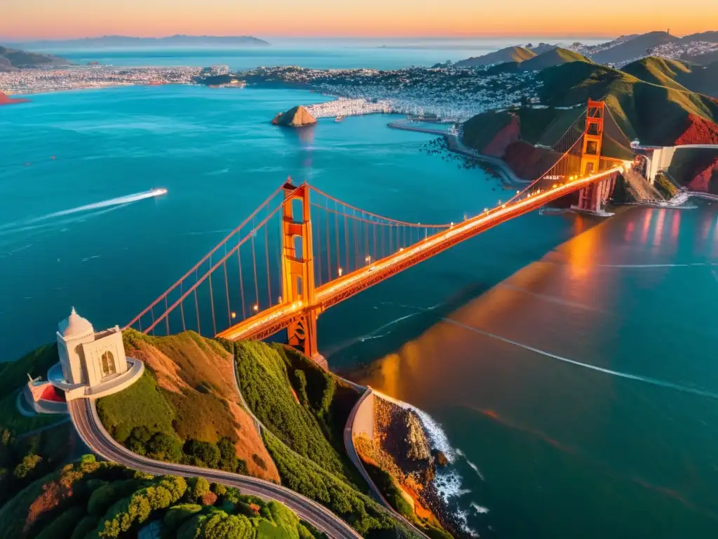 Vista aérea del icónico Puente Golden Gate al atardecer en San Francisco, California