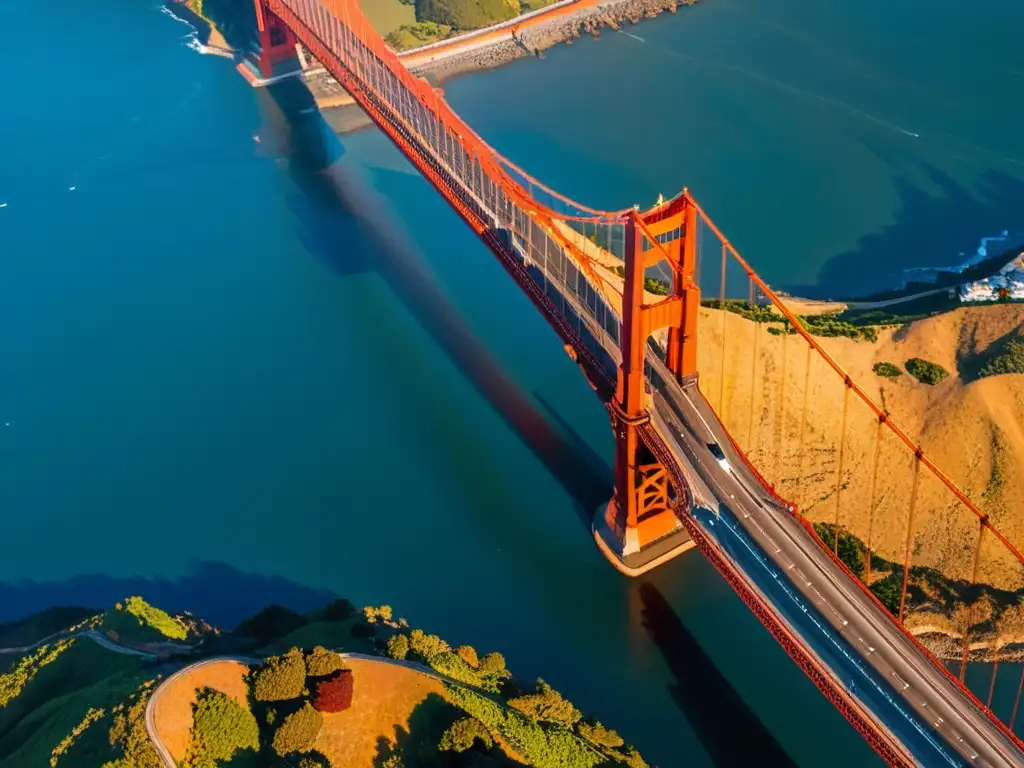 Vista aérea del icónico Puente Golden Gate al atardecer, destacando su arquitectura cultural