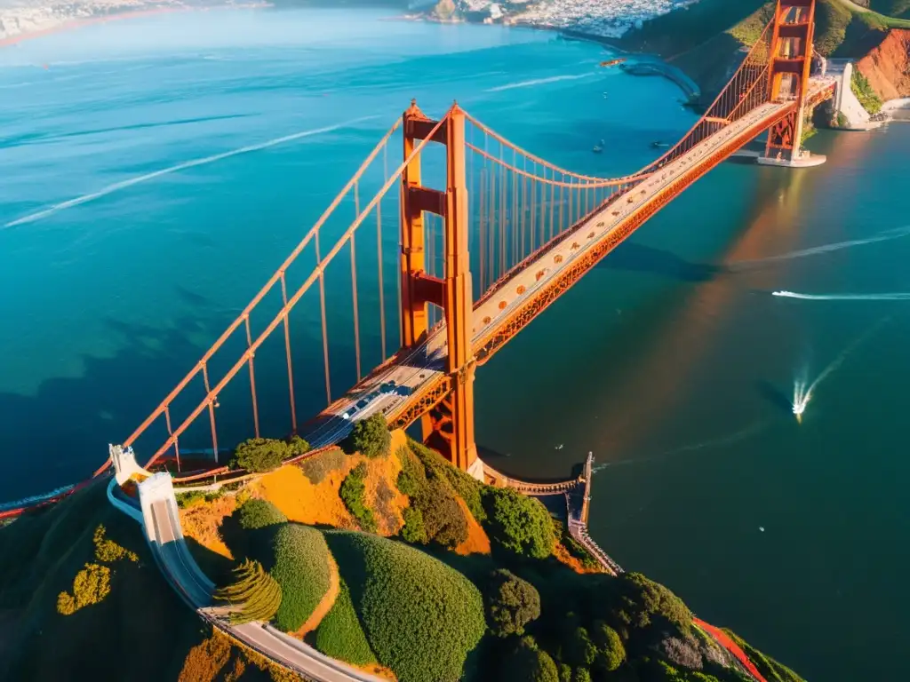 Vista aérea del icónico Puente Golden Gate al atardecer, resaltando su arquitectura de puentes icónicos en San Francisco