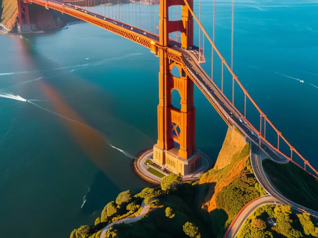 Vista aérea del icónico Puente Golden Gate al atardecer, resaltando su física de puentes icónicos