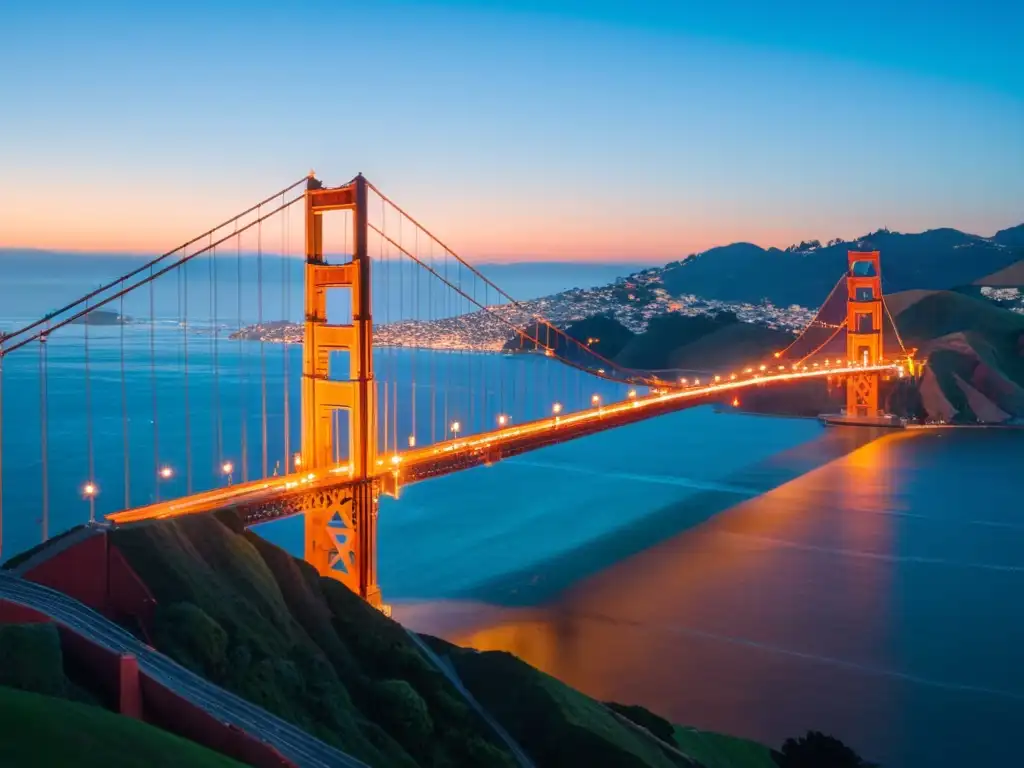 Vista aérea del icónico puente Golden Gate al atardecer, con impacto cultural y grandiosidad