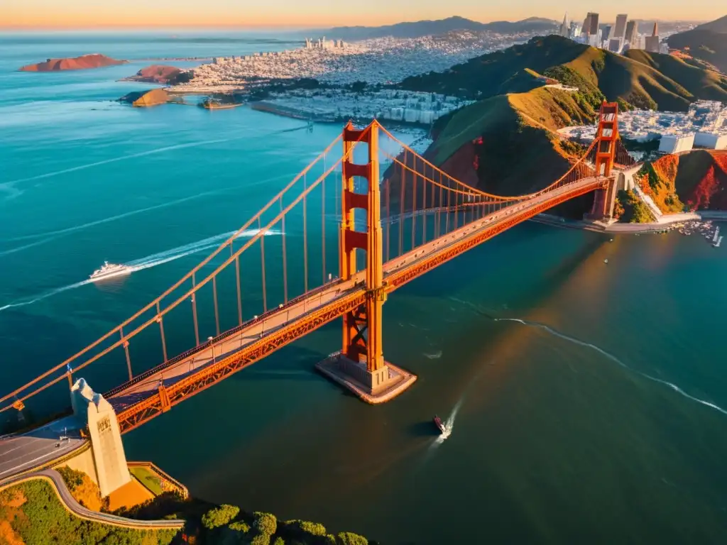 Vista aérea del icónico puente Golden Gate al atardecer, con la ciudad de San Francisco de fondo