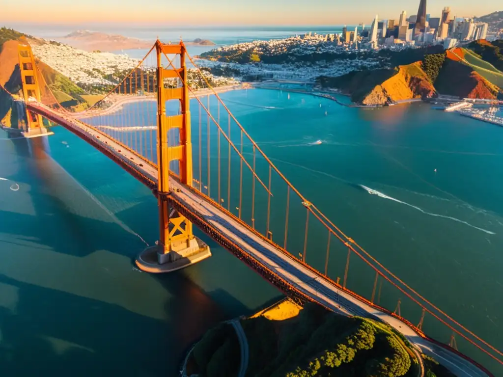 Vista aérea del icónico Puente Golden Gate al atardecer, destacando la arquitectura de puentes icónicos y la belleza atemporal de San Francisco