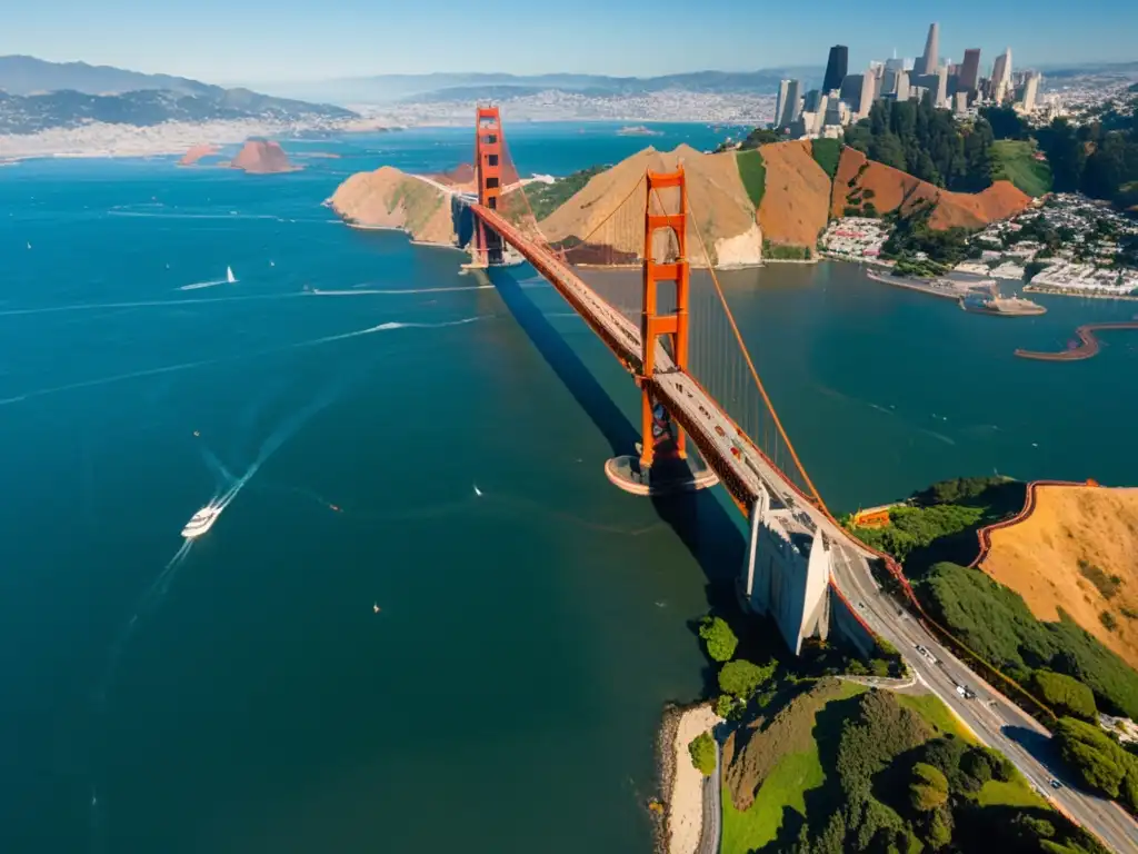 Vista aérea del icónico Puente Golden Gate en San Francisco, con sus cables, torres y carreteras detallados