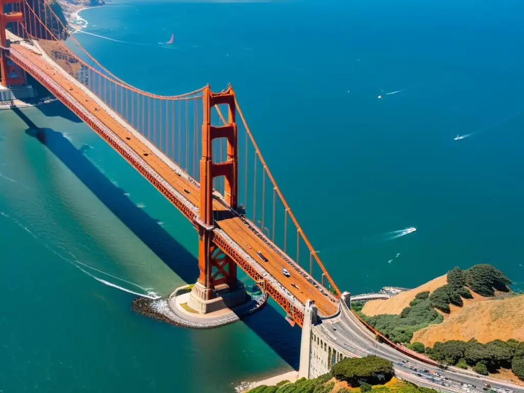 Vista aérea del icónico puente Golden Gate en San Francisco, con sus cables rojo naranja suspendidos sobre las aguas azules