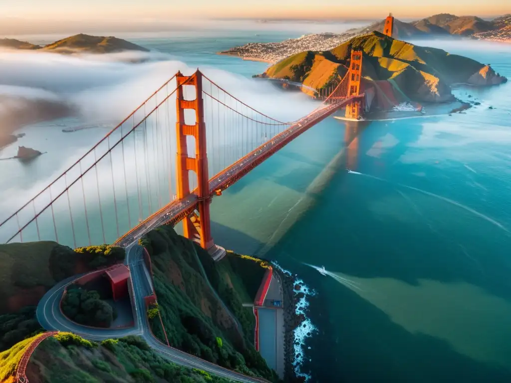 Vista aérea del icónico puente Golden Gate en San Francisco, con sus cables y escala imponente