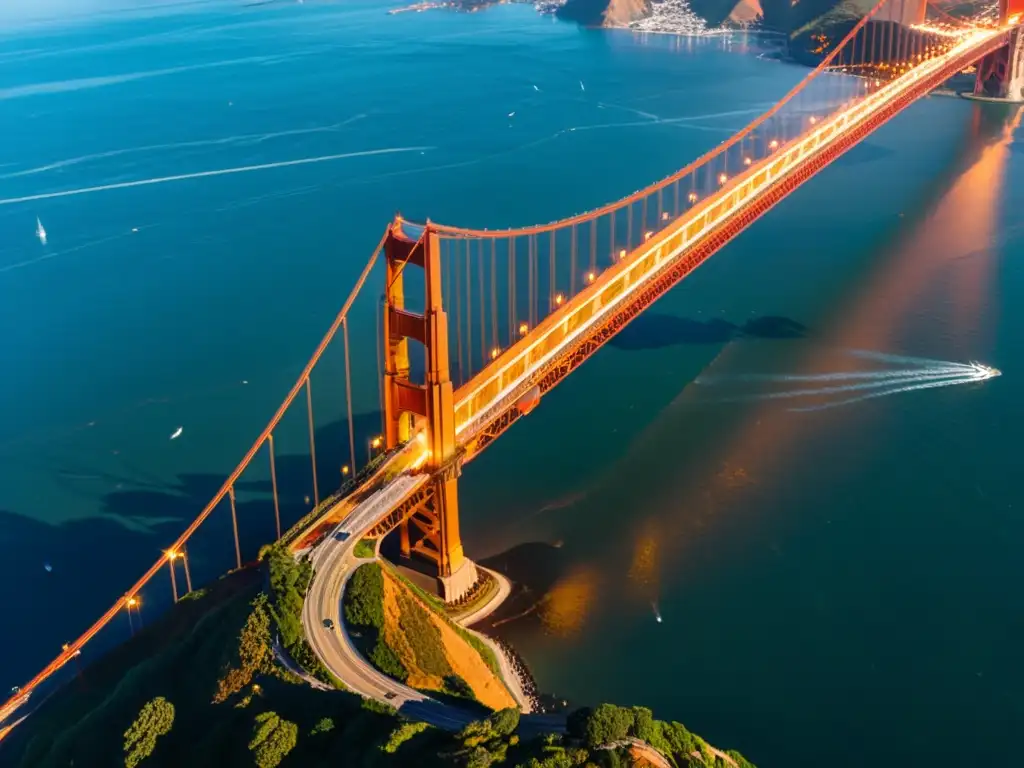 Vista aérea del icónico Puente Golden Gate en San Francisco, bañado por la cálida luz dorada del atardecer