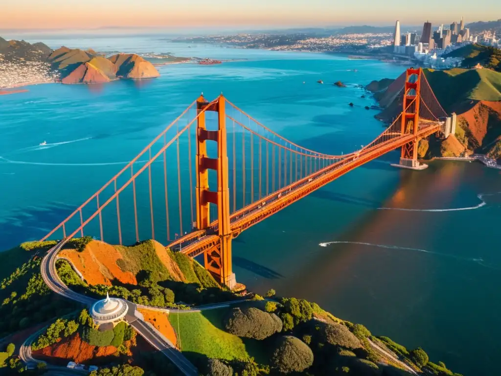 Vista aérea del icónico Puente Golden Gate en San Francisco, bañado por la cálida luz del atardecer