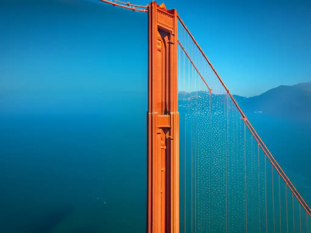 Vista aérea del icónico Puente Golden Gate en San Francisco, con sus característico color anaranjado, suspendido sobre las aguas azules de la bahía