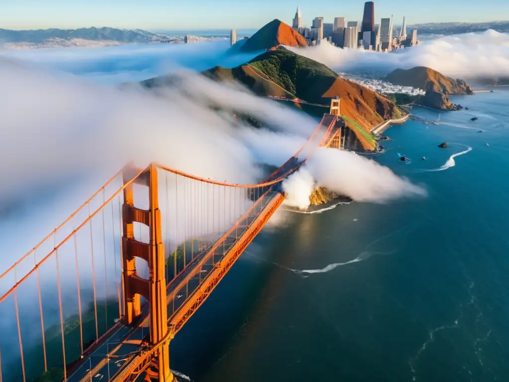 Vista aérea del icónico Puente Golden Gate de San Francisco con la ciudad al fondo y la niebla del océano Pacífico