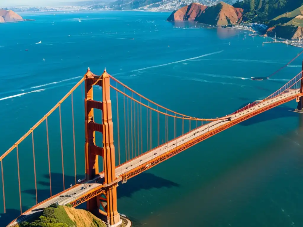 Vista aérea del icónico puente Golden Gate en San Francisco, con la ciudad al fondo y aguas azules