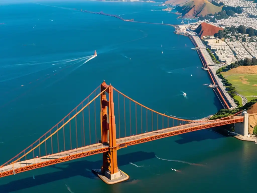 Vista aérea del icónico Puente Golden Gate en San Francisco, con la ciudad al fondo