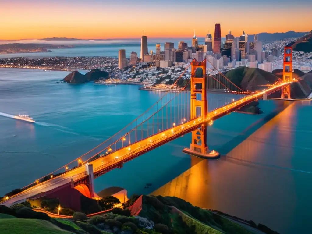 Vista aérea del icónico Puente Golden Gate, conectando la ciudad con su entorno en un vibrante atardecer