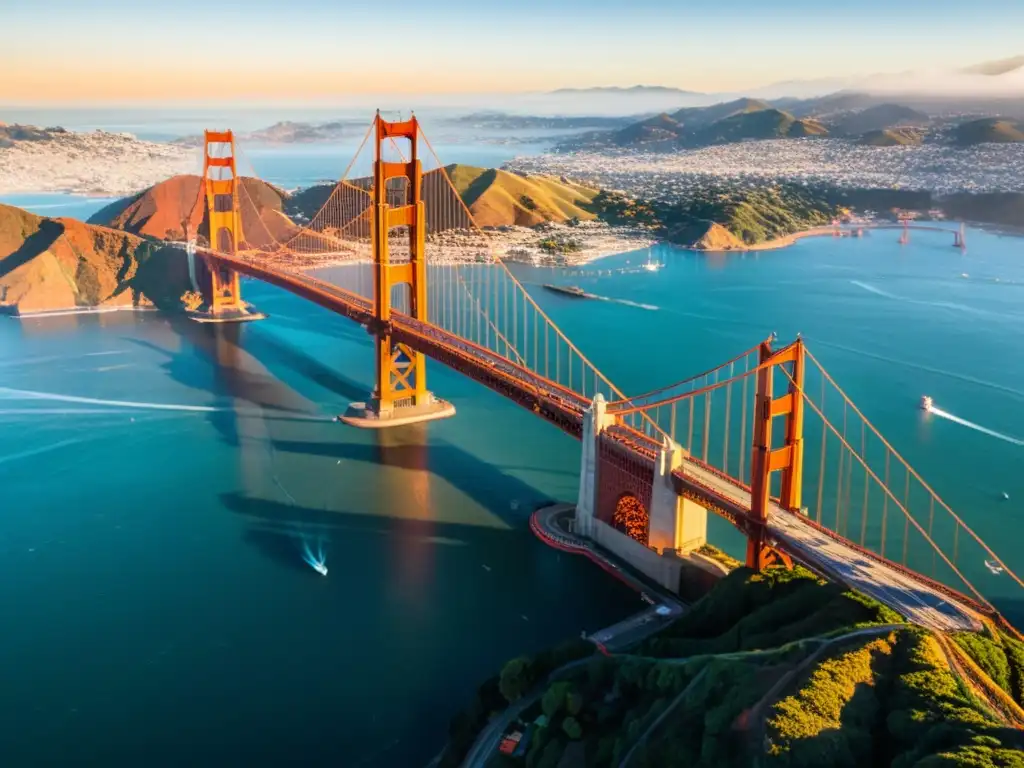 Vista aérea del icónico Puente Golden Gate en San Francisco, con la bahía y la ciudad de fondo