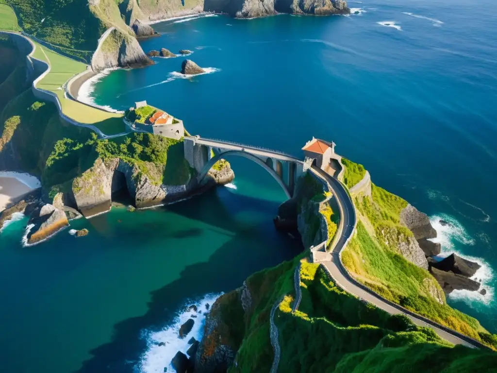 Vista aérea del icónico Puente de San Juan de Gaztelugatxe sobre la costa rocosa, con el mar azul y la arquitectura en detalle