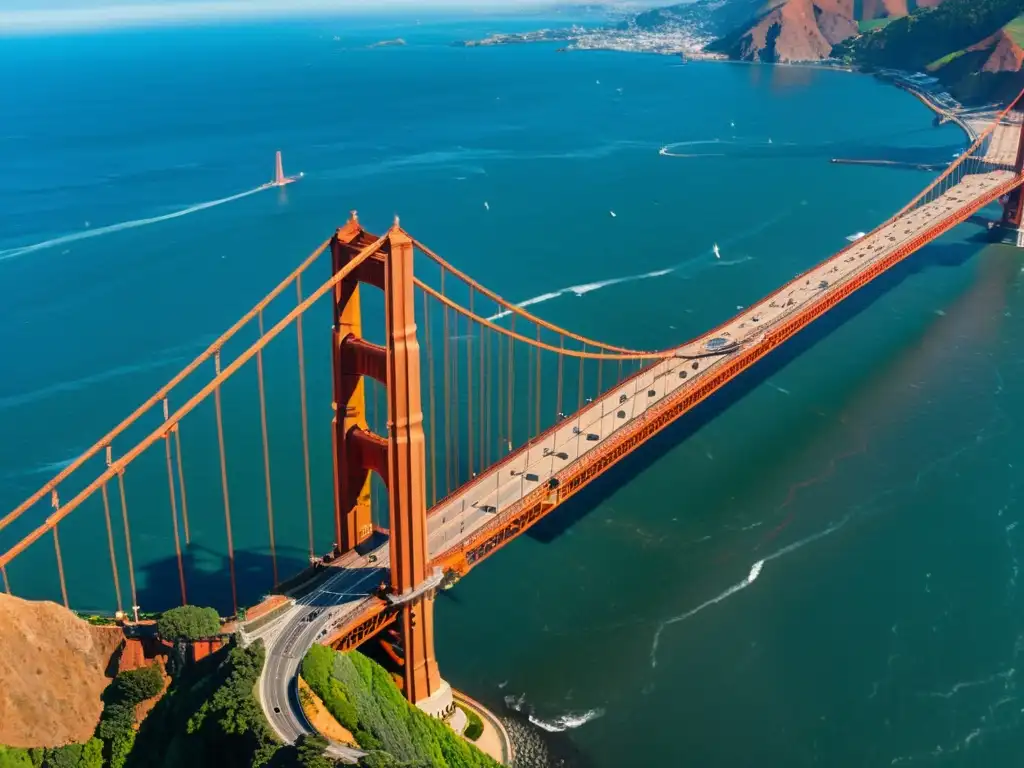 Vista aérea del icónico puente Golden Gate en San Francisco, con sus detalles en alta resolución