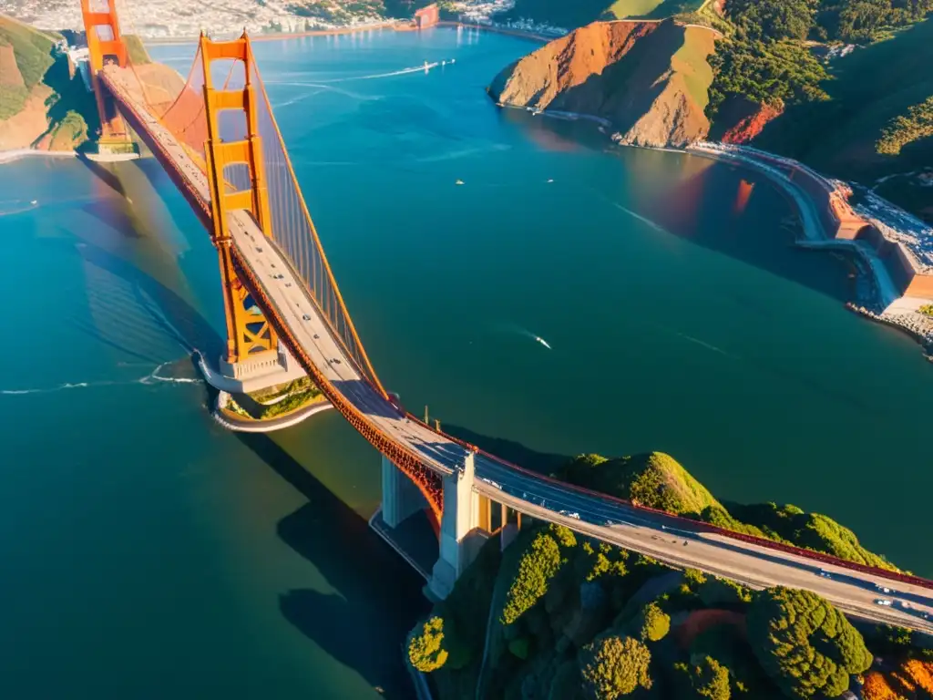 Vista aérea del icónico Puente Golden Gate en San Francisco, destacando sus detalles en una cálida luz