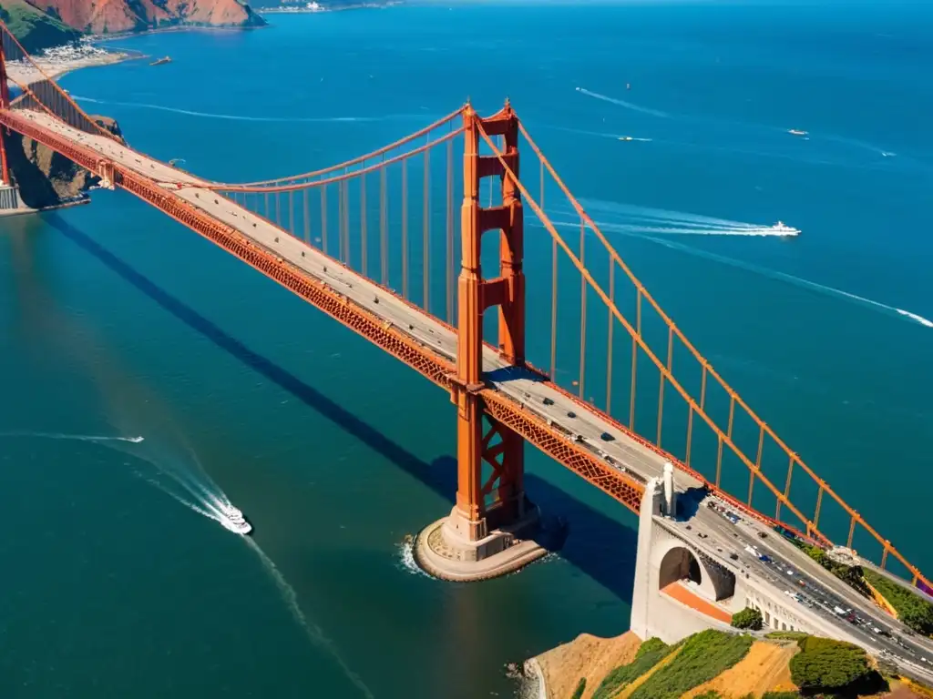 Vista aérea del icónico Puente Golden Gate en San Francisco en un día soleado, destacando la movilidad sostenible y la ingeniería de puentes icónicos