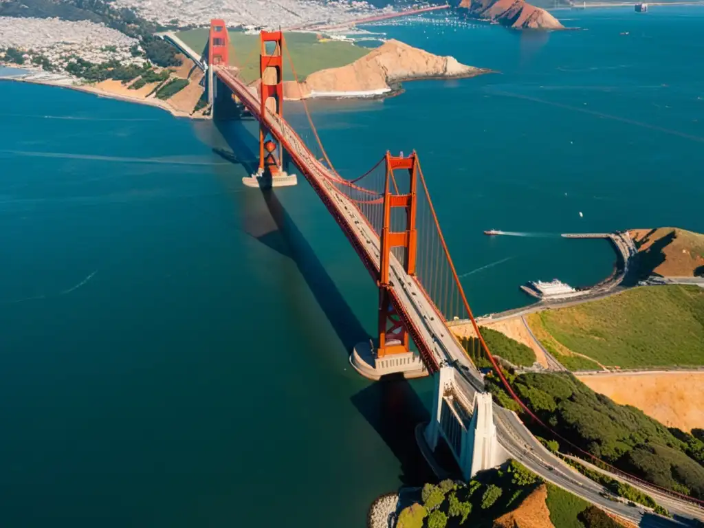 Vista aérea del icónico puente Golden Gate en San Francisco, resaltando su diseño de puentes icónicos y la imponente estructura sobre la bahía