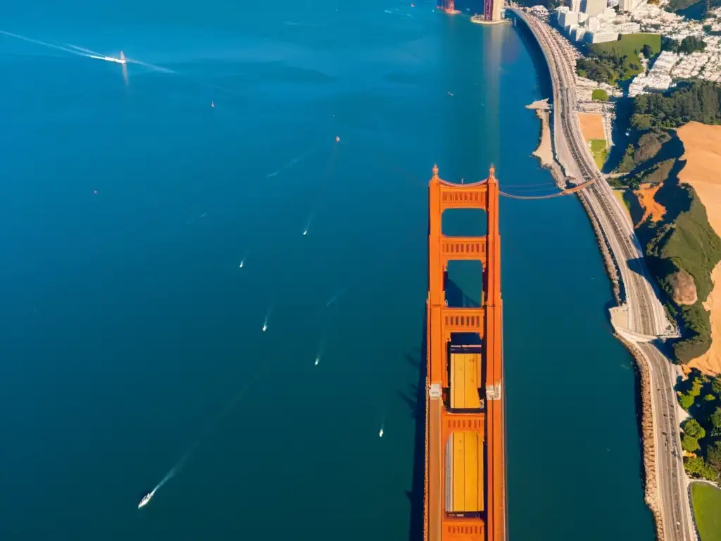 Vista aérea del icónico Puente Golden Gate en San Francisco, resaltando su diseño geométrico y el contraste de colores con la bahía