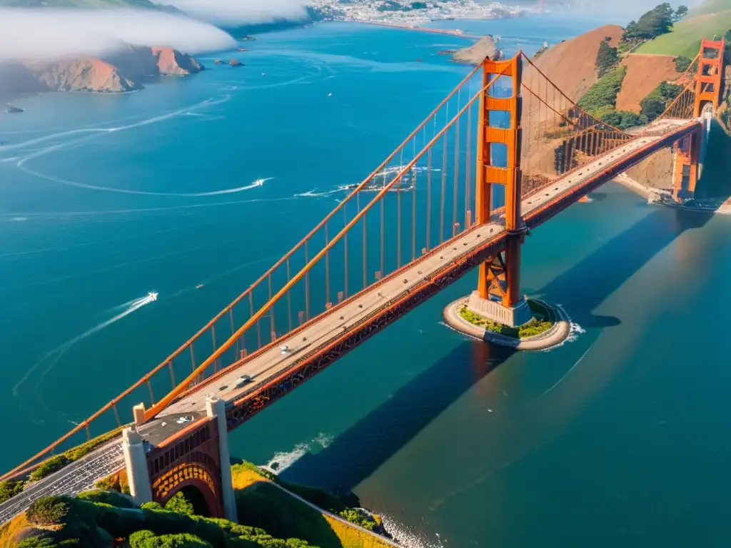 Vista aérea del icónico Puente Golden Gate en San Francisco, con su distintivo color rojo anaranjado contrastando con las aguas azules