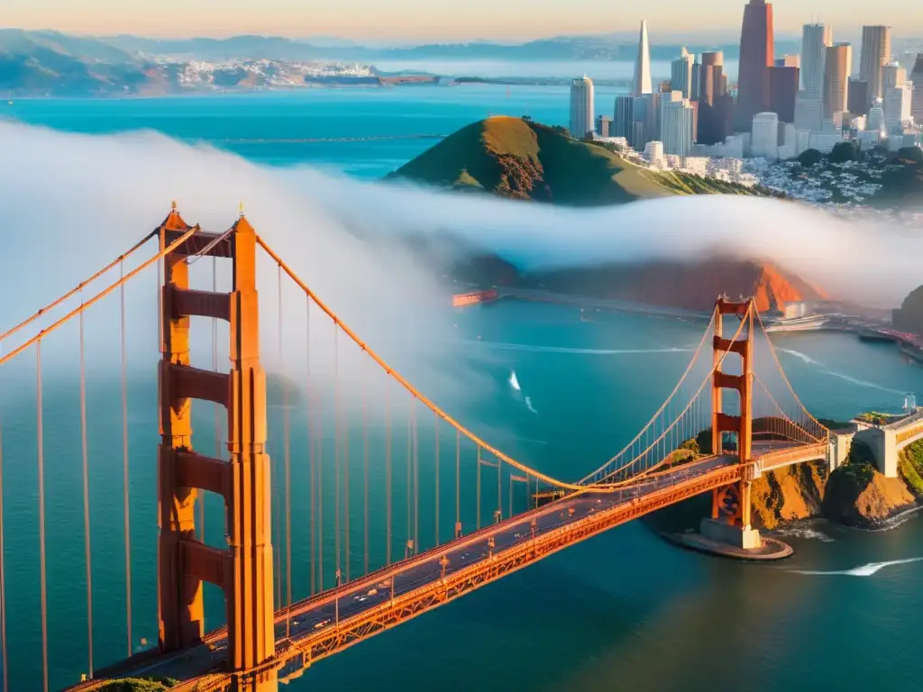 Vista aérea del icónico Puente Golden Gate envuelto en neblina, con la ciudad al fondo