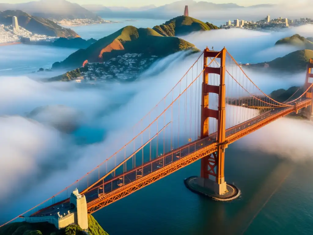 Vista aérea del icónico Puente Golden Gate en San Francisco, envuelto en mística niebla, con los detalles de su estructura y la ciudad al fondo