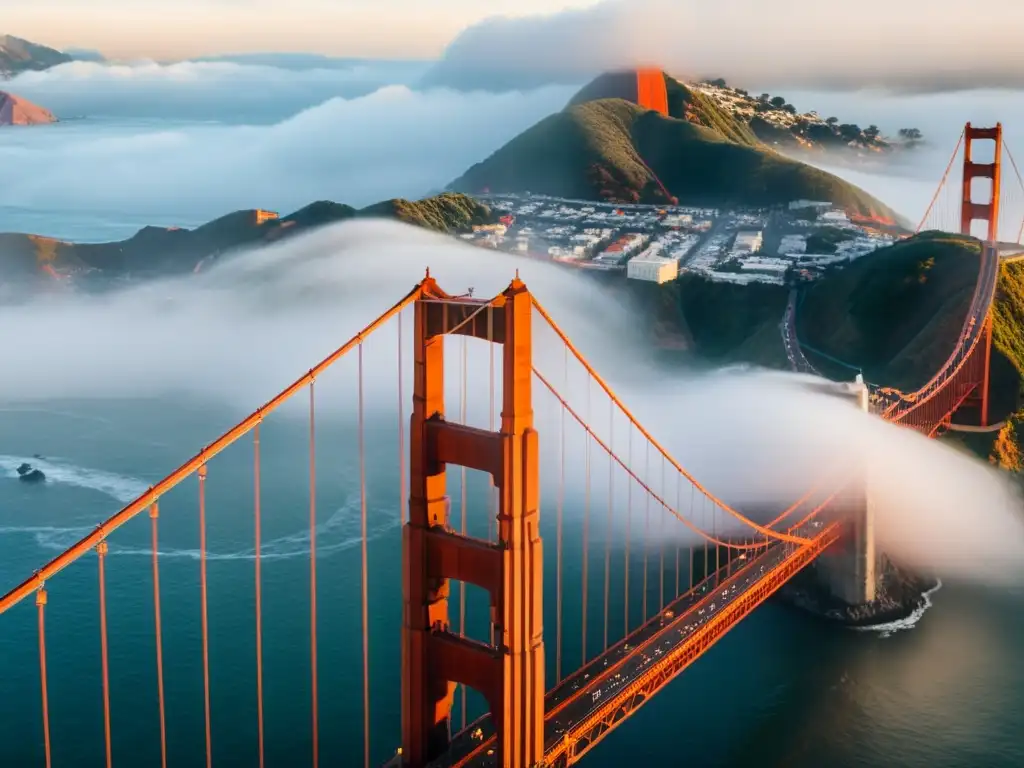 Vista aérea del icónico puente Golden Gate en San Francisco envuelto en niebla, destacando su imponente estructura