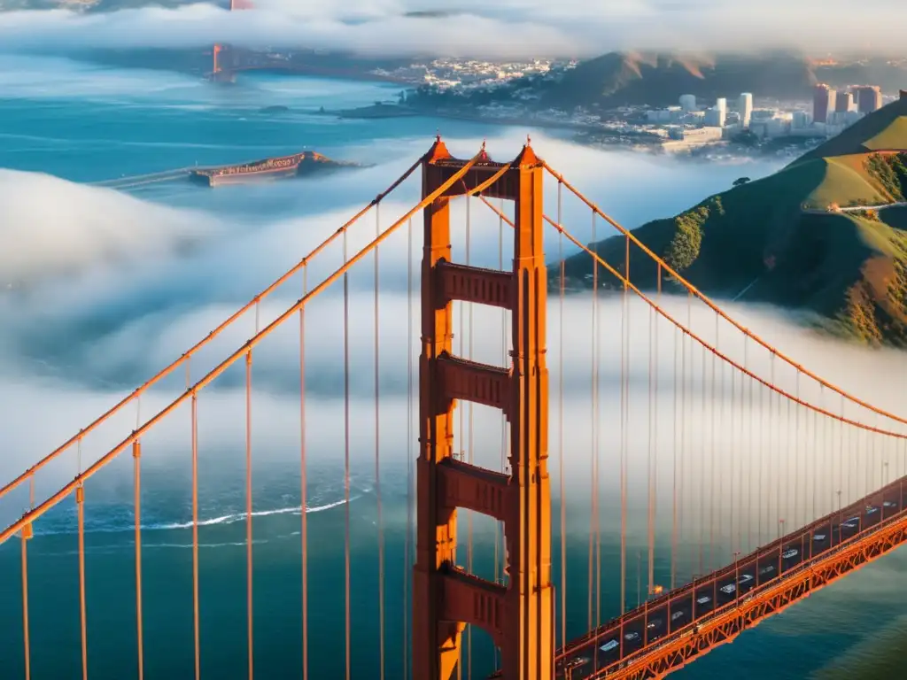 Vista aérea del icónico puente Golden Gate envuelto en niebla, mostrando su grandeza y misticismo en la historia de puentes icónicos