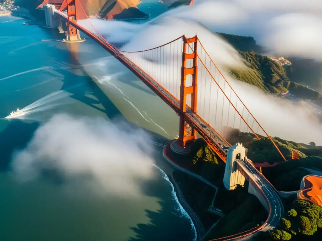 Vista aérea del icónico Puente Golden Gate sobre la Bahía de San Francisco, envuelto en niebla