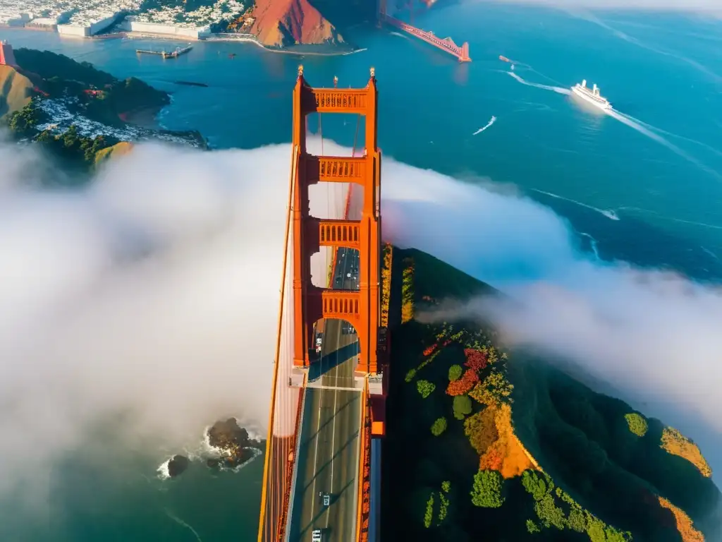 Vista aérea del icónico Puente Golden Gate de San Francisco, envuelto en la densa niebla del Pacífico, impacto cultural puentes icónicos mundo