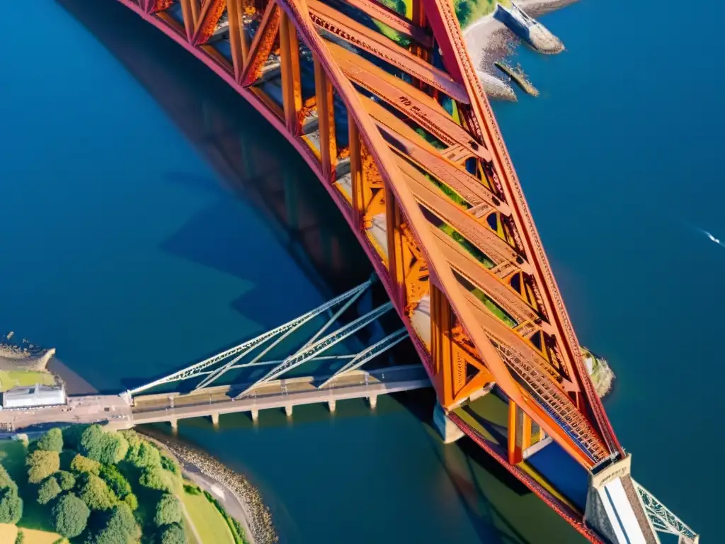 Vista aérea del icónico Puente Forth, obra de Sir William Arrol, destacando su escala e ingeniería, en armonía con el paisaje