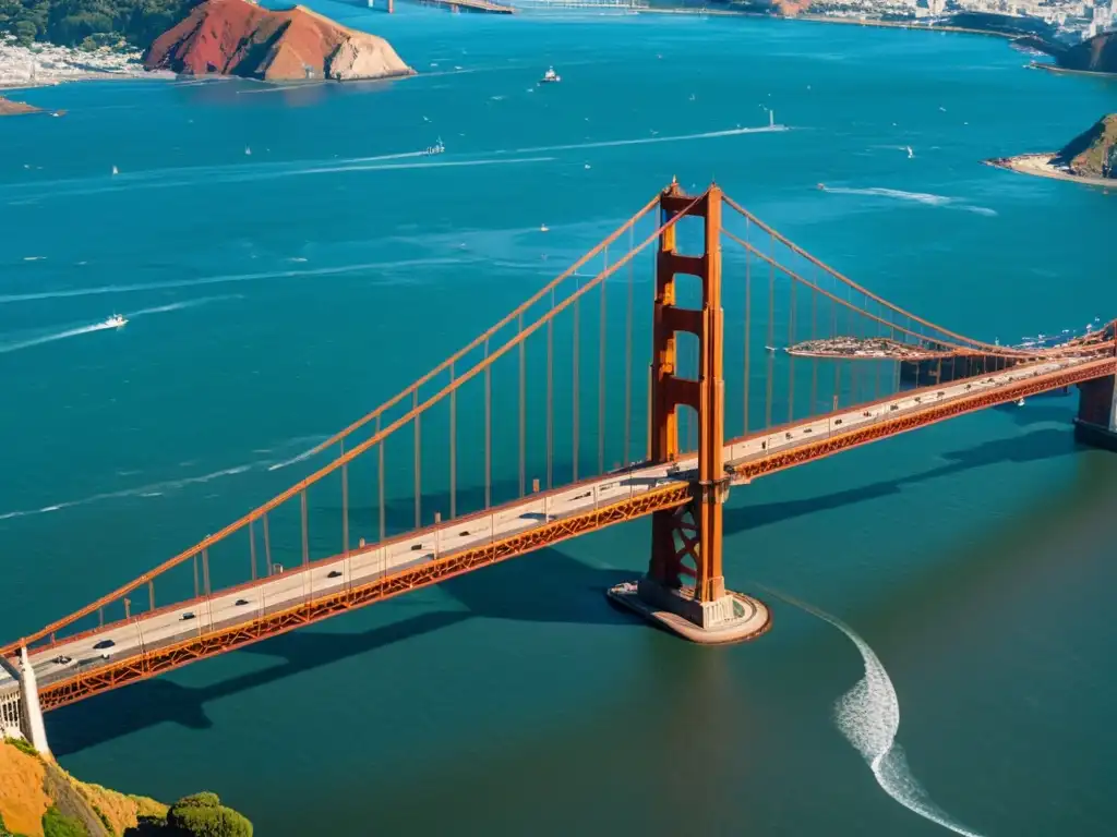 Vista aérea del icónico Puente Golden Gate en San Francisco, con su estructura de acero rojizo y fondo de la bahía