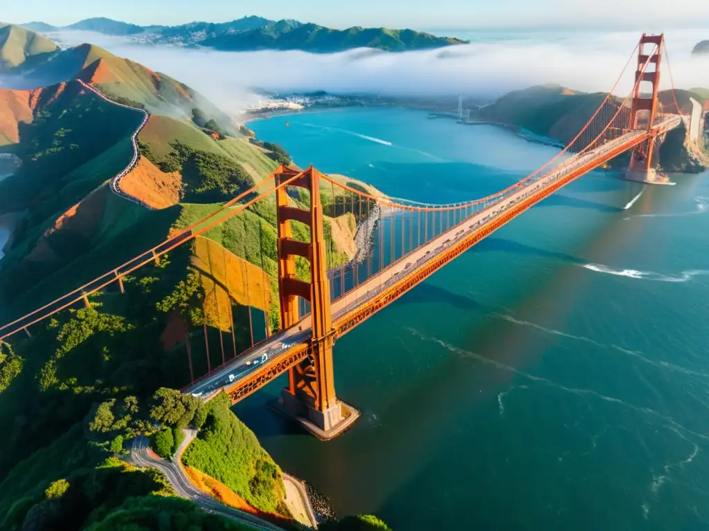 Vista aérea del icónico Puente Golden Gate en San Francisco, con su estructura rojo anaranjado sobre las aguas serenas de la bahía