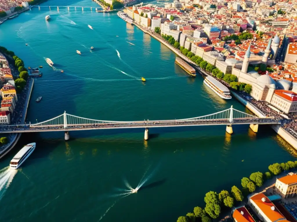 Vista aérea del icónico Puente Galata en Estambul, Turquía, durante el atardecer, ideal para bodas internacionales Puente Galata