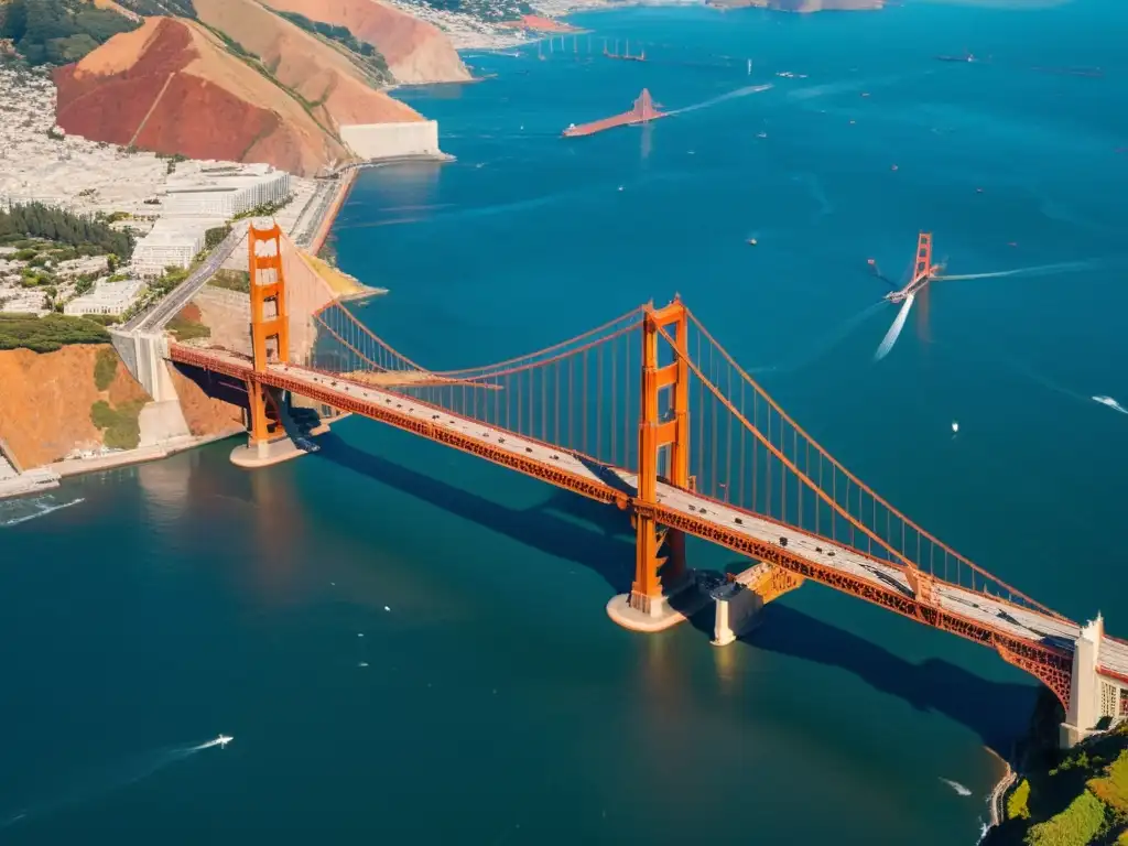 Vista aérea del icónico Puente Golden Gate en San Francisco, destacando su grandiosa arquitectura rojo anaranjada sobre el azul de la bahía