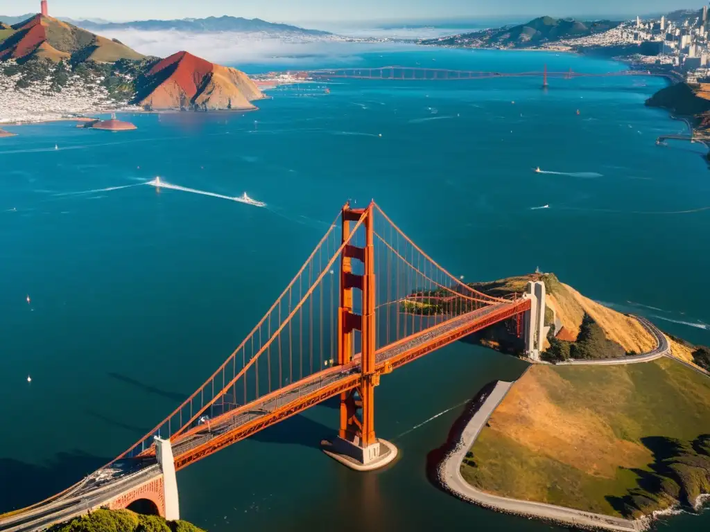 Vista aérea del icónico Puente Golden Gate en San Francisco, resaltando su impresionante arquitectura y su historia cultural