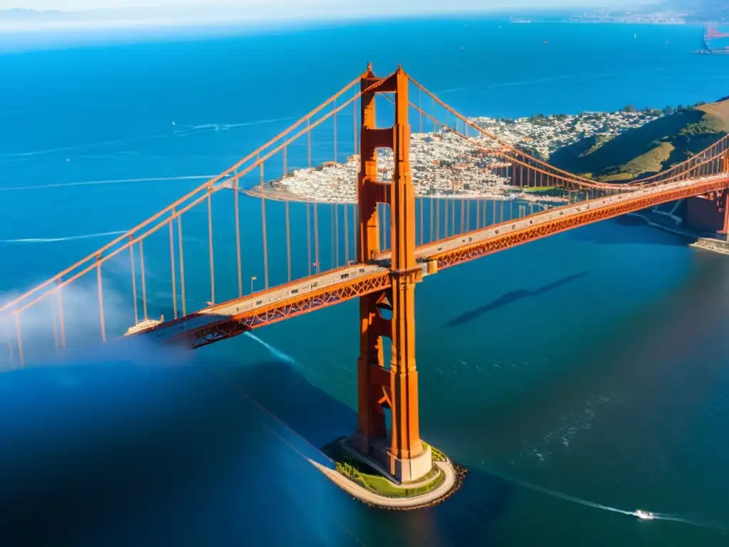 Vista aérea del icónico puente Golden Gate en San Francisco, con sus impresionantes cables rojo-naranja destacándose sobre el océano y el cielo