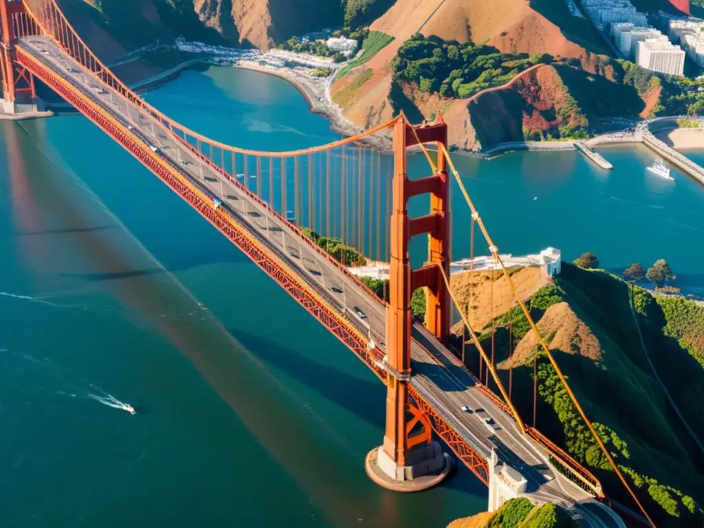 Vista aérea del icónico Puente Golden Gate en San Francisco, mostrando su majestuosidad y diseño arquitectónico