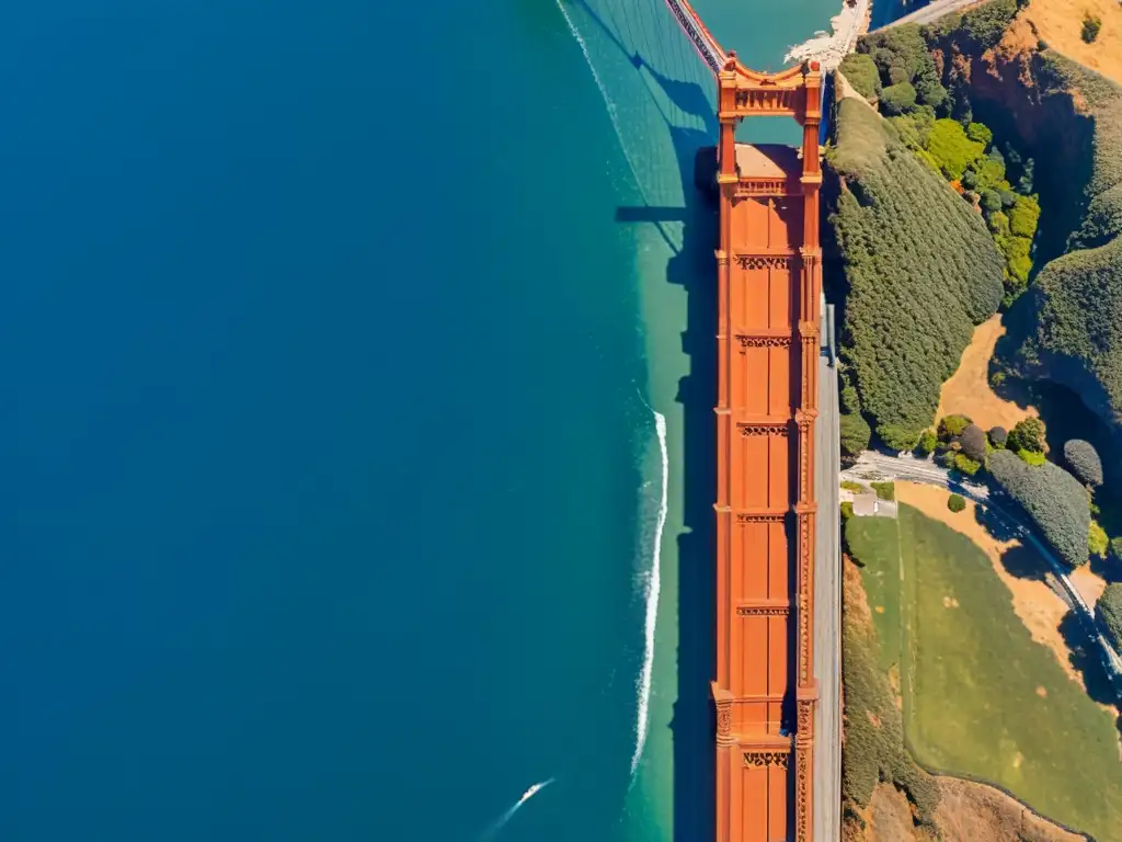 Vista aérea del icónico Puente Golden Gate en San Francisco, destacando su majestuoso diseño y su lugar entre los puentes icónicos del mundo