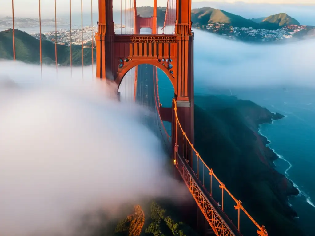 Vista aérea del icónico Puente Golden Gate en San Francisco en una mañana neblinosa