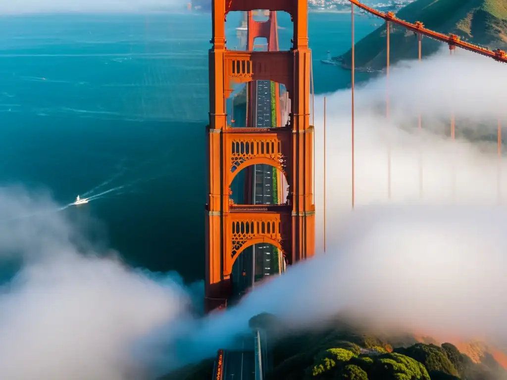 Vista aérea del icónico Puente Golden Gate en San Francisco en una mañana brumosa