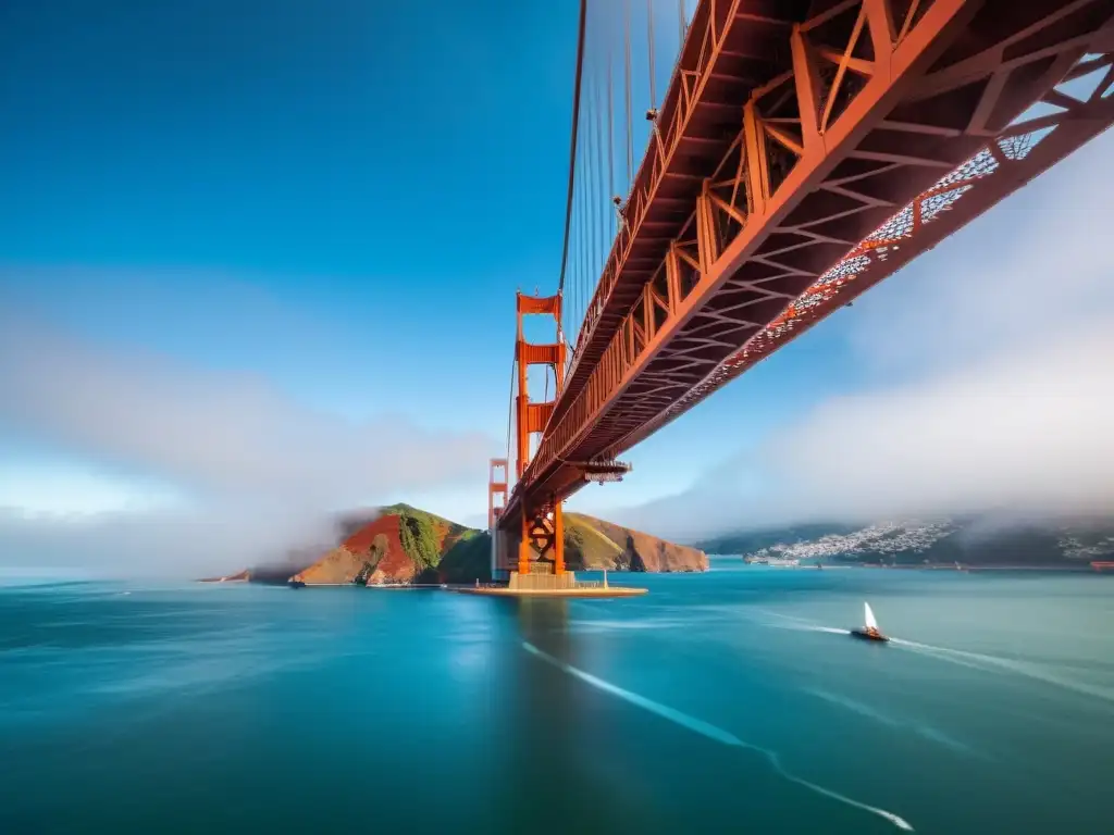 Vista aérea del icónico Puente Golden Gate en San Francisco, resalta su moderna estructura de acero sobre la bahía, envuelto en la mística neblina