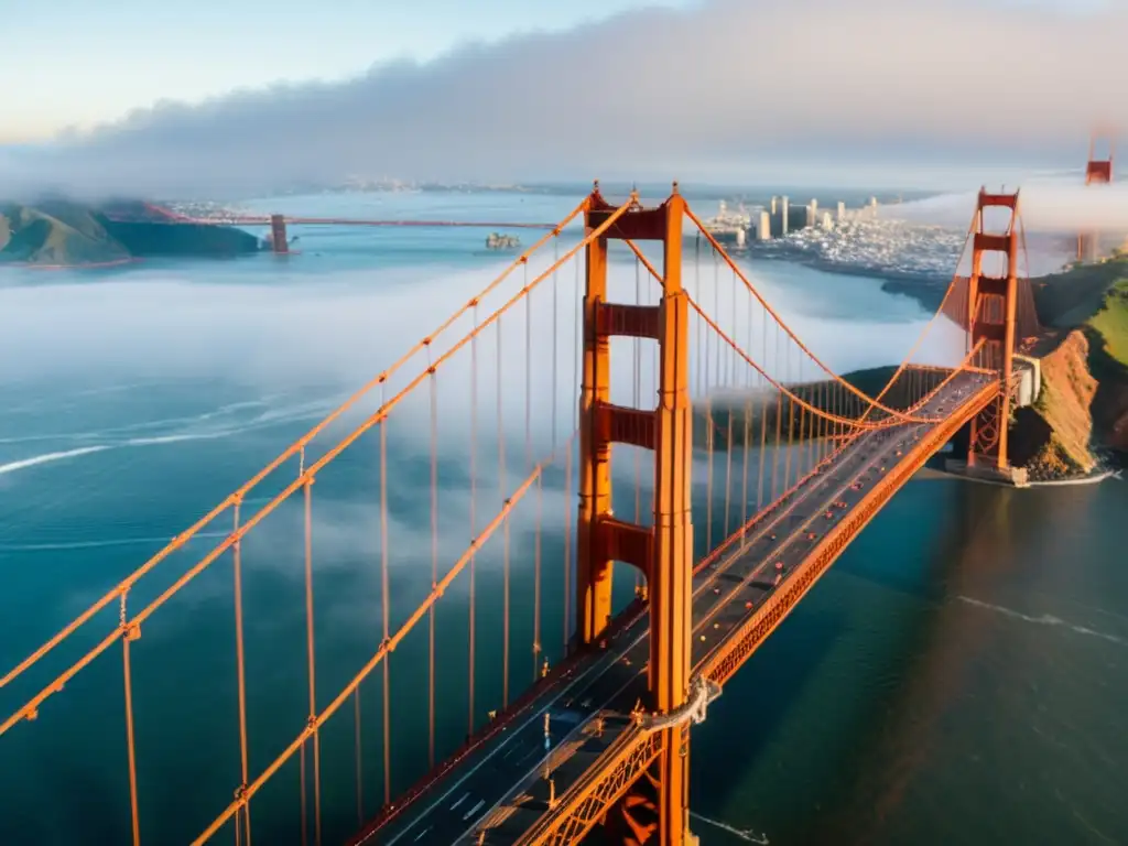 Vista aérea del icónico puente Golden Gate en la neblina de la mañana, destacando su majestuosa arquitectura