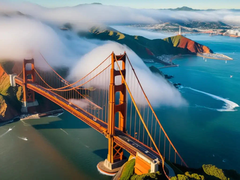 Vista aérea del icónico Puente Golden Gate, con neblina densa contrastando su vibrante color naranja