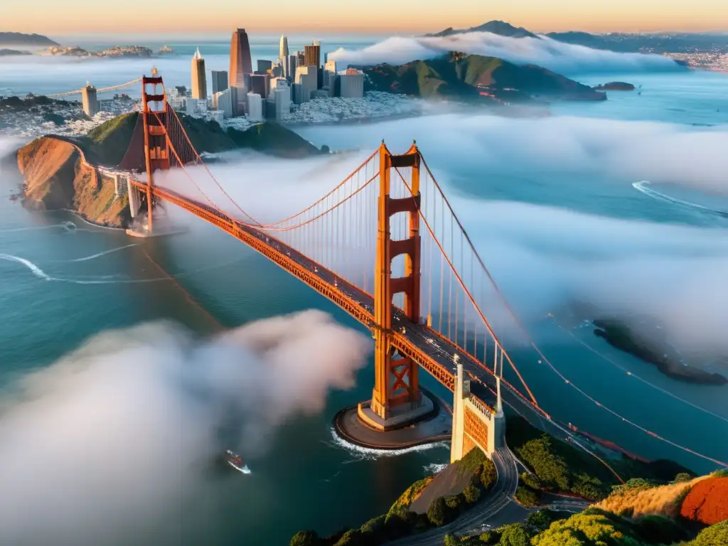 Vista aérea del icónico puente Golden Gate en San Francisco, entre la niebla, mostrando su grandiosidad y diseño ingenieros de puentes más icónicos