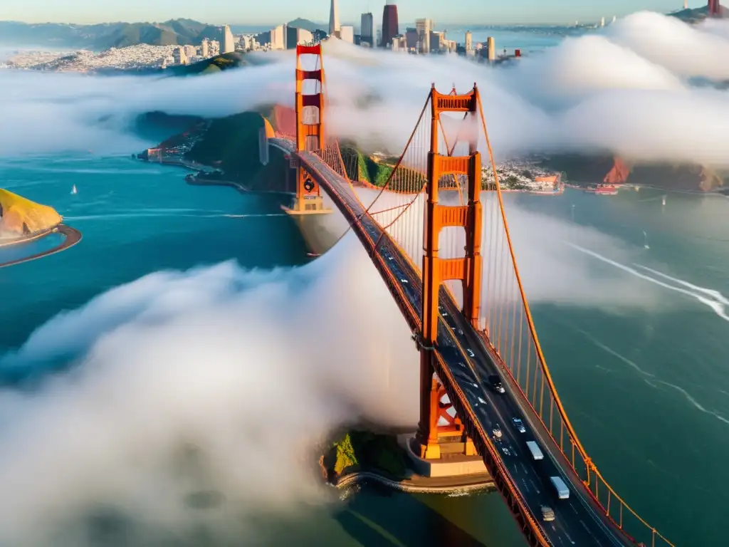 Vista aérea del icónico Puente Golden Gate en San Francisco emergiendo de la niebla, representando puentes icónicos del mundo